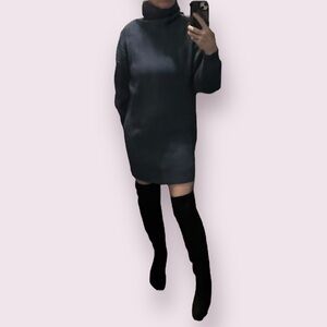 Cozy Steel Blue Ribbed Oversized Turtleneck Sweater Dress Long Sleeve